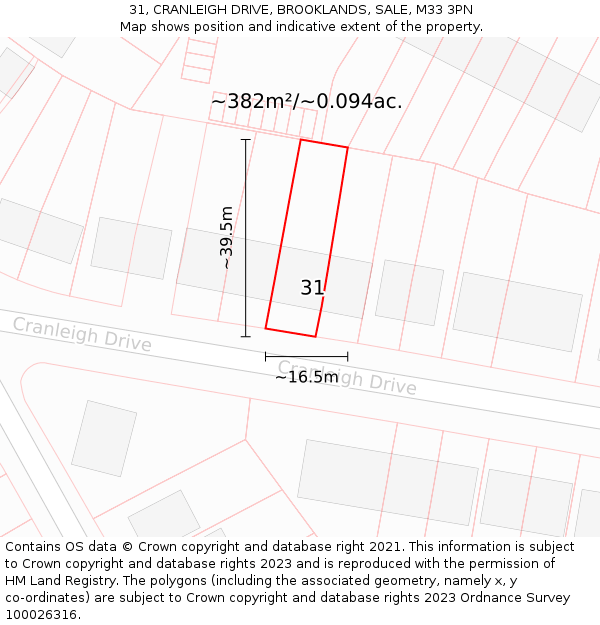 31, CRANLEIGH DRIVE, BROOKLANDS, SALE, M33 3PN: Plot and title map