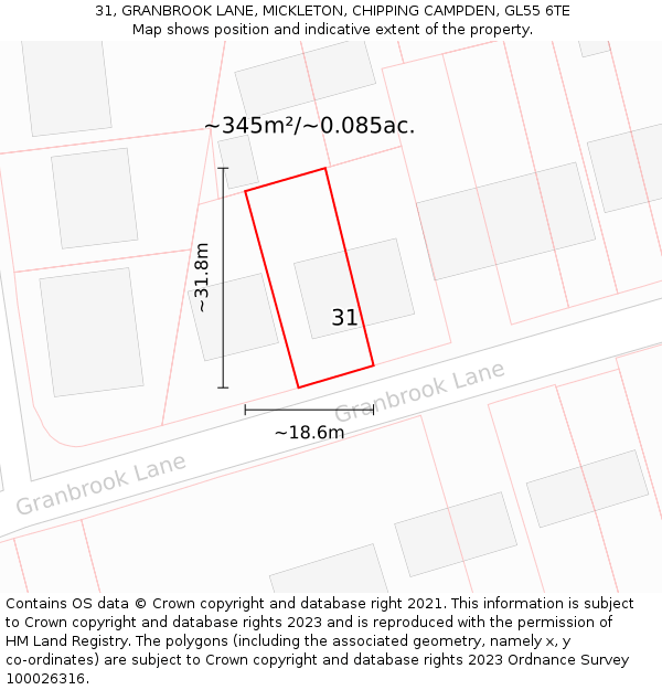 31, GRANBROOK LANE, MICKLETON, CHIPPING CAMPDEN, GL55 6TE: Plot and title map