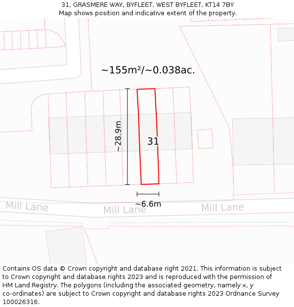 31, GRASMERE WAY, BYFLEET, WEST BYFLEET, KT14 7BY: Plot and title map