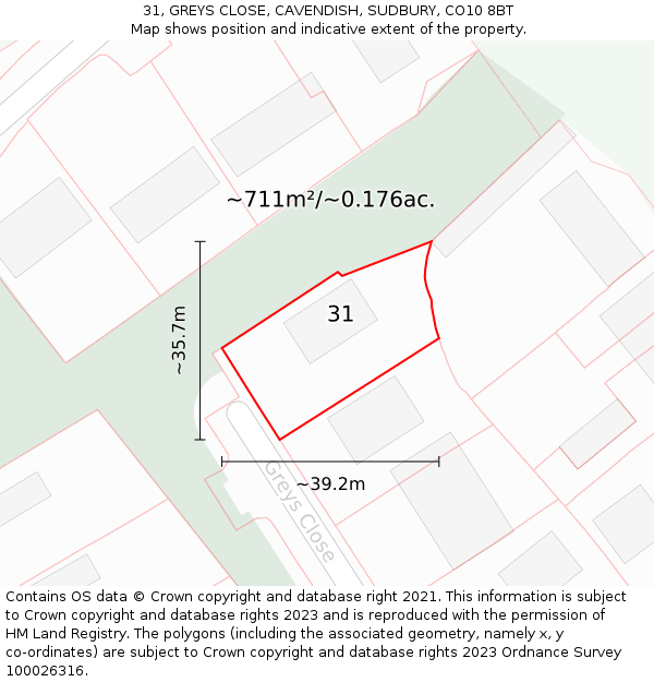 31, GREYS CLOSE, CAVENDISH, SUDBURY, CO10 8BT: Plot and title map
