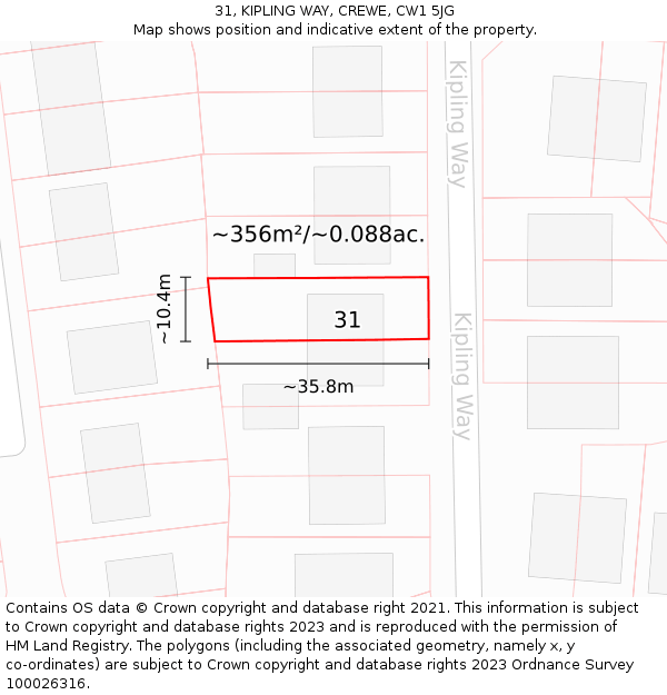31, KIPLING WAY, CREWE, CW1 5JG: Plot and title map