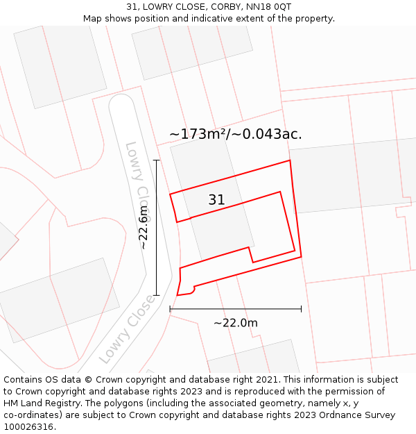 31, LOWRY CLOSE, CORBY, NN18 0QT: Plot and title map