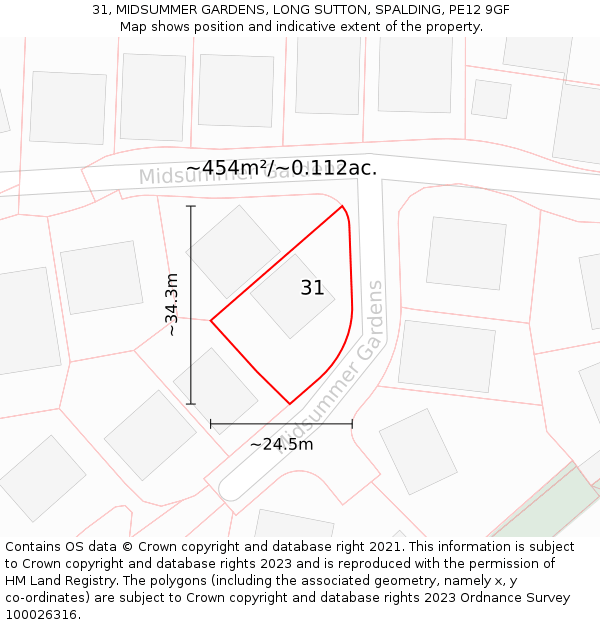 31, MIDSUMMER GARDENS, LONG SUTTON, SPALDING, PE12 9GF: Plot and title map