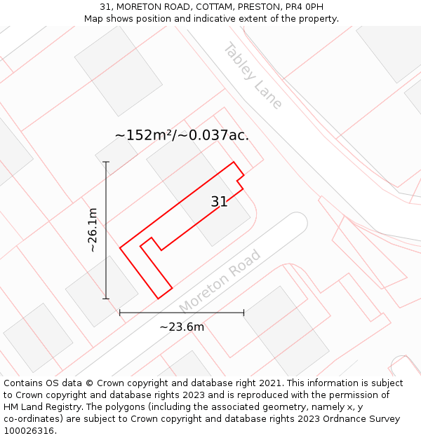 31, MORETON ROAD, COTTAM, PRESTON, PR4 0PH: Plot and title map