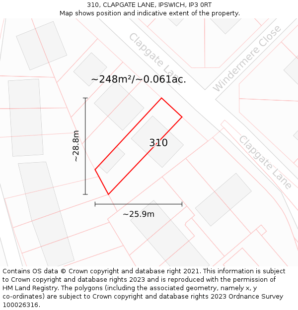 310, CLAPGATE LANE, IPSWICH, IP3 0RT: Plot and title map