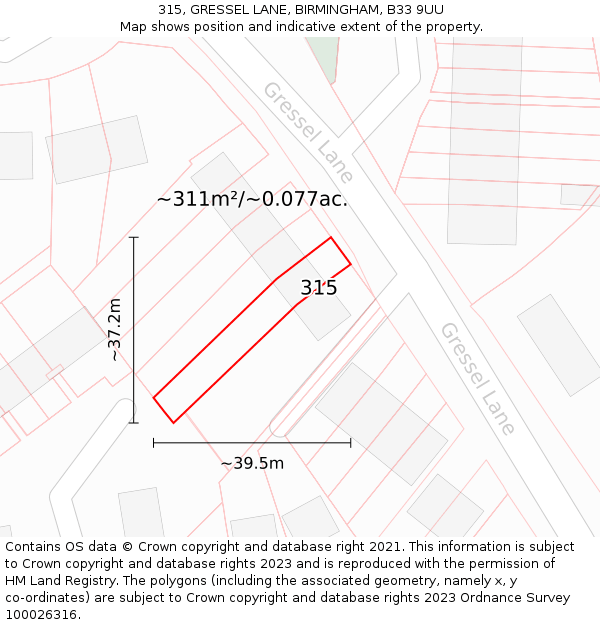 315, GRESSEL LANE, BIRMINGHAM, B33 9UU: Plot and title map