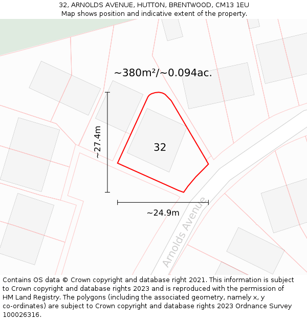 32, ARNOLDS AVENUE, HUTTON, BRENTWOOD, CM13 1EU: Plot and title map