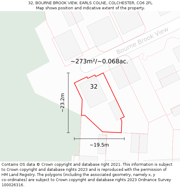 32, BOURNE BROOK VIEW, EARLS COLNE, COLCHESTER, CO6 2FL: Plot and title map