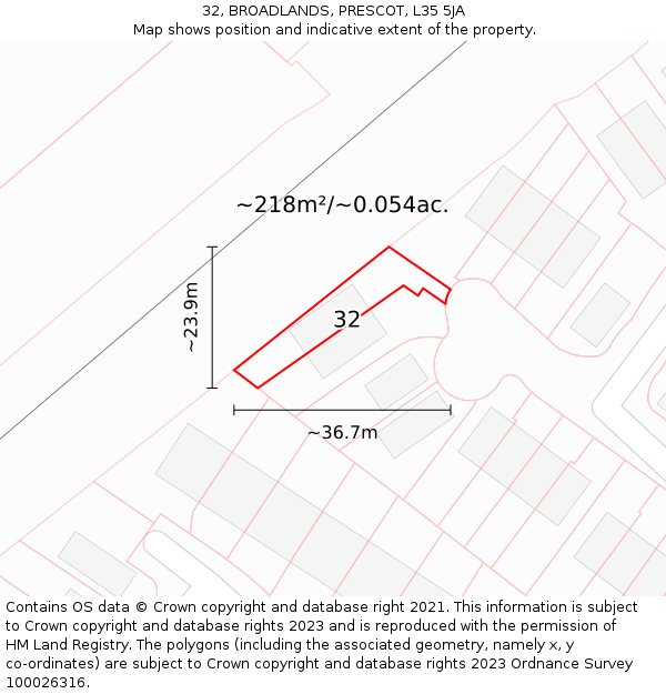 32, BROADLANDS, PRESCOT, L35 5JA: Plot and title map
