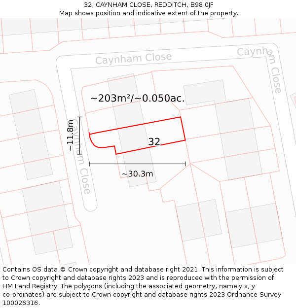 32, CAYNHAM CLOSE, REDDITCH, B98 0JF: Plot and title map