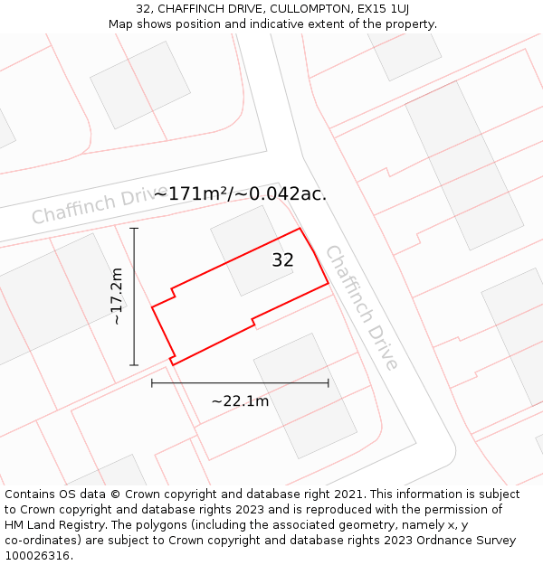 32, CHAFFINCH DRIVE, CULLOMPTON, EX15 1UJ: Plot and title map