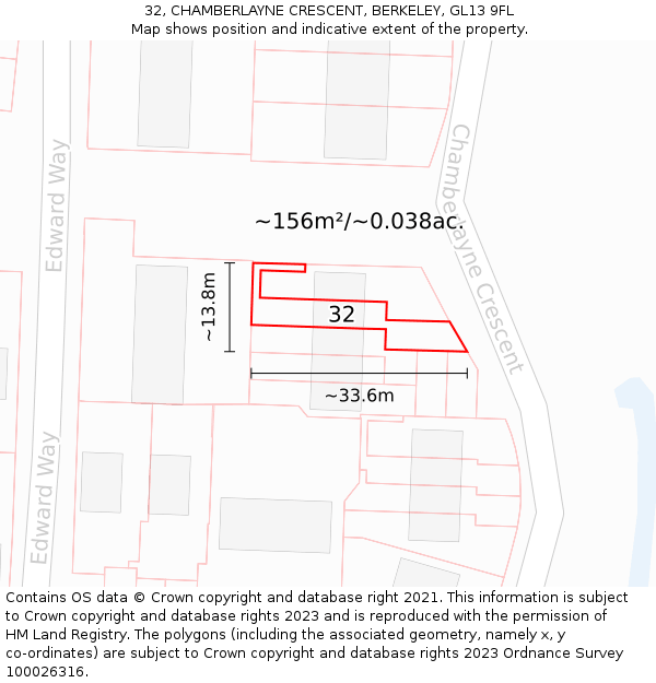 32, CHAMBERLAYNE CRESCENT, BERKELEY, GL13 9FL: Plot and title map