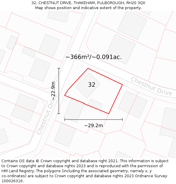 32, CHESTNUT DRIVE, THAKEHAM, PULBOROUGH, RH20 3QX: Plot and title map