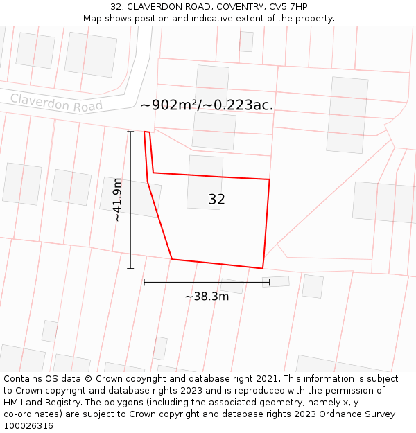 32, CLAVERDON ROAD, COVENTRY, CV5 7HP: Plot and title map