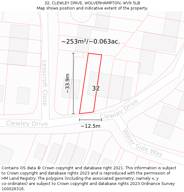 32, CLEWLEY DRIVE, WOLVERHAMPTON, WV9 5LB: Plot and title map