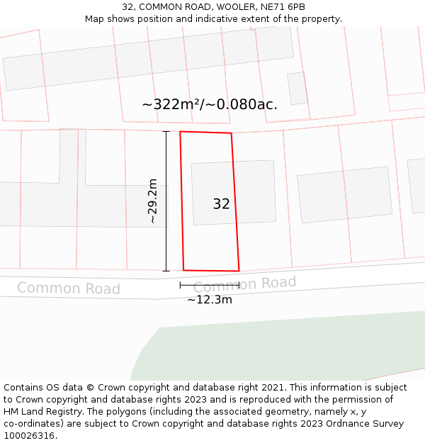 32, COMMON ROAD, WOOLER, NE71 6PB: Plot and title map