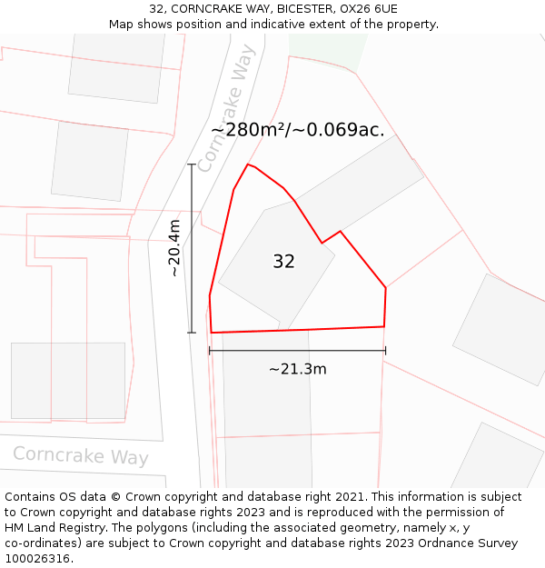 32, CORNCRAKE WAY, BICESTER, OX26 6UE: Plot and title map