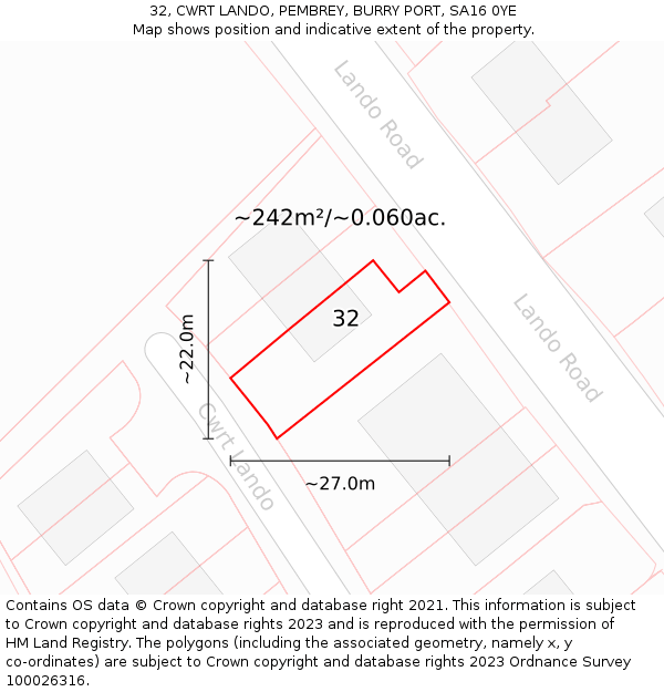 32, CWRT LANDO, PEMBREY, BURRY PORT, SA16 0YE: Plot and title map