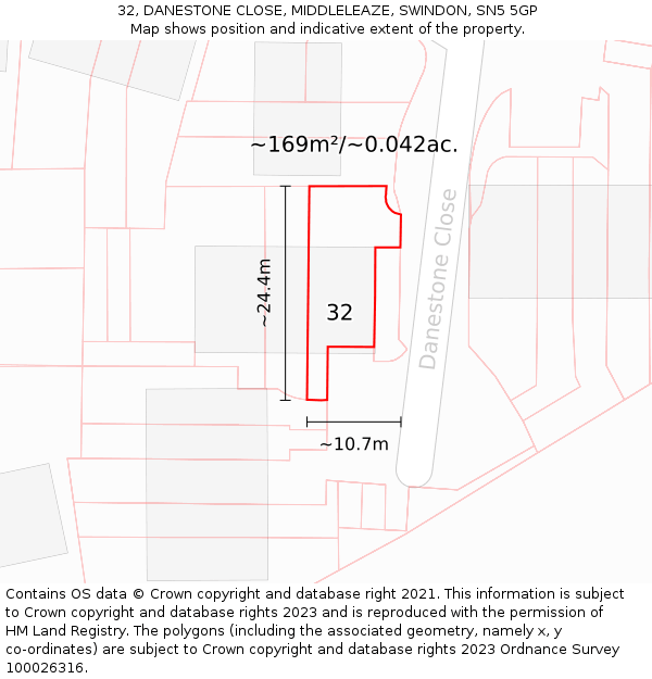 32, DANESTONE CLOSE, MIDDLELEAZE, SWINDON, SN5 5GP: Plot and title map