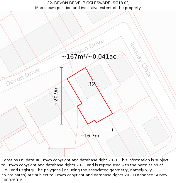 32, DEVON DRIVE, BIGGLESWADE, SG18 0FJ: Plot and title map