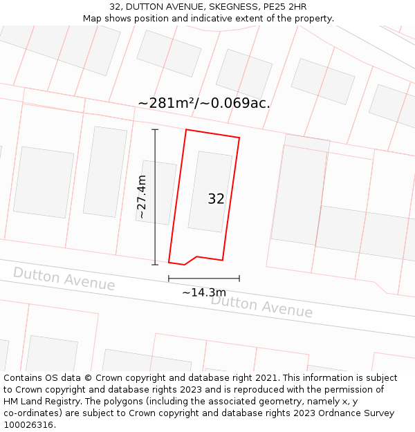 32, DUTTON AVENUE, SKEGNESS, PE25 2HR: Plot and title map