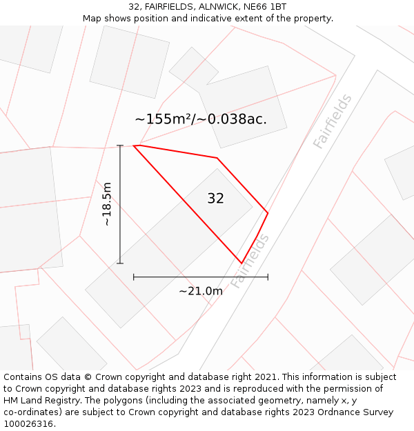 32, FAIRFIELDS, ALNWICK, NE66 1BT: Plot and title map