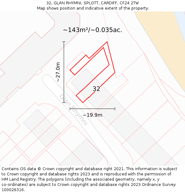 32, GLAN RHYMNI, SPLOTT, CARDIFF, CF24 2TW: Plot and title map