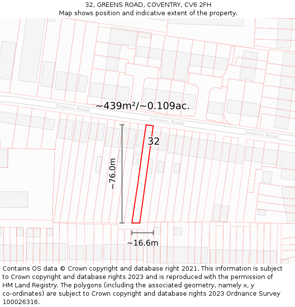 32, GREENS ROAD, COVENTRY, CV6 2FH: Plot and title map