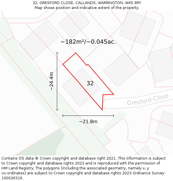 32, GRESFORD CLOSE, CALLANDS, WARRINGTON, WA5 9RY: Plot and title map