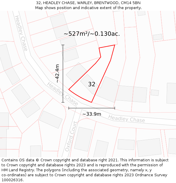 32, HEADLEY CHASE, WARLEY, BRENTWOOD, CM14 5BN: Plot and title map