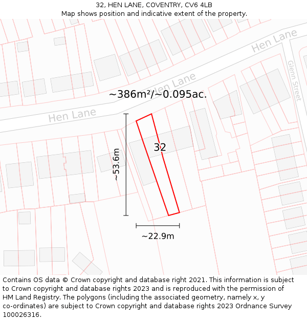 32, HEN LANE, COVENTRY, CV6 4LB: Plot and title map
