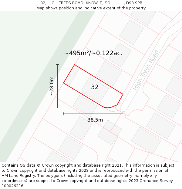 32, HIGH TREES ROAD, KNOWLE, SOLIHULL, B93 9PR: Plot and title map