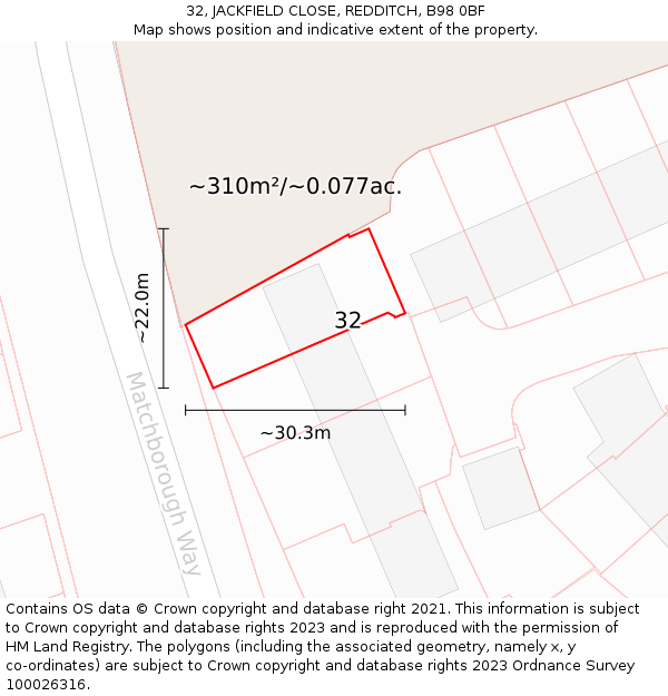 32, JACKFIELD CLOSE, REDDITCH, B98 0BF: Plot and title map