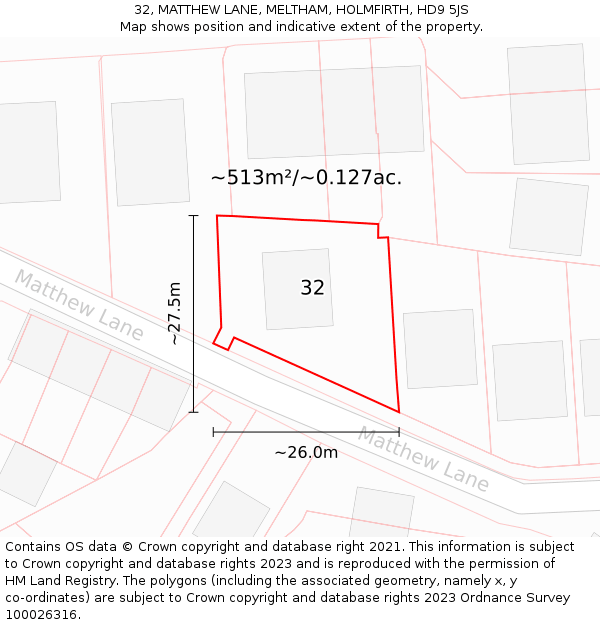 32, MATTHEW LANE, MELTHAM, HOLMFIRTH, HD9 5JS: Plot and title map