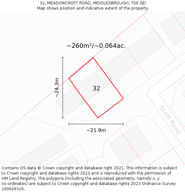 32, MEADOWCROFT ROAD, MIDDLESBROUGH, TS6 0JD: Plot and title map