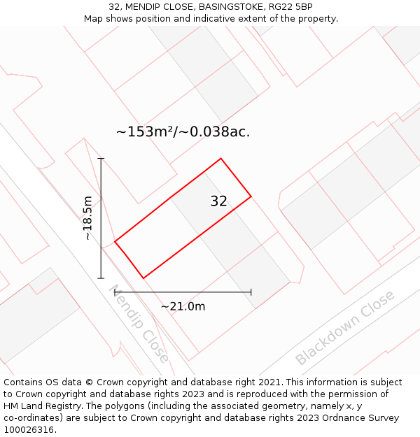 32, MENDIP CLOSE, BASINGSTOKE, RG22 5BP: Plot and title map