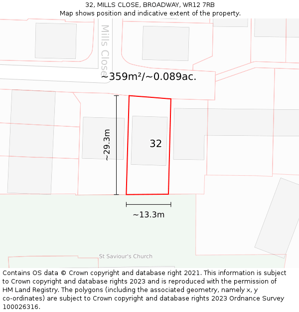 32, MILLS CLOSE, BROADWAY, WR12 7RB: Plot and title map