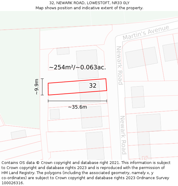 32, NEWARK ROAD, LOWESTOFT, NR33 0LY: Plot and title map