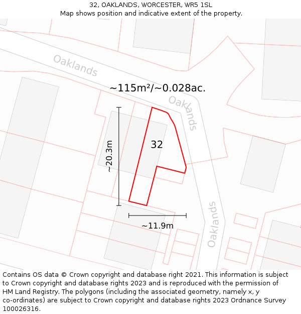 32, OAKLANDS, WORCESTER, WR5 1SL: Plot and title map