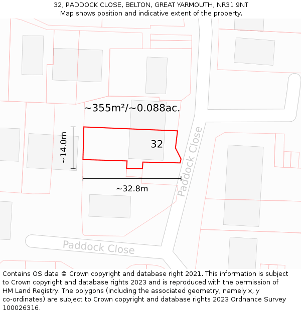 32, PADDOCK CLOSE, BELTON, GREAT YARMOUTH, NR31 9NT: Plot and title map