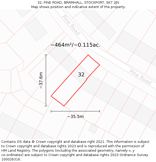 32, PINE ROAD, BRAMHALL, STOCKPORT, SK7 2JN: Plot and title map