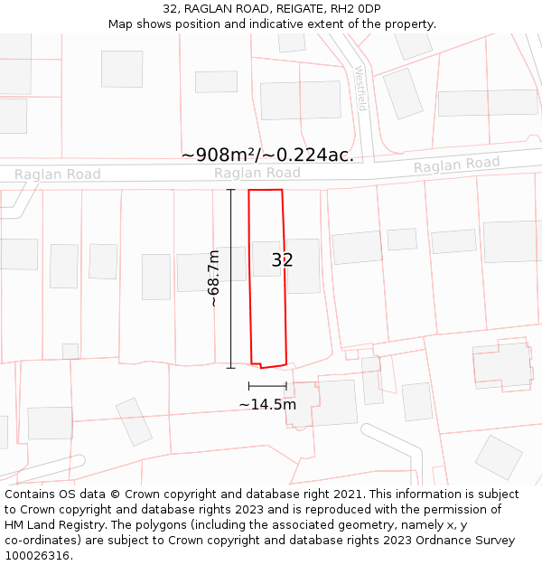 32, RAGLAN ROAD, REIGATE, RH2 0DP: Plot and title map