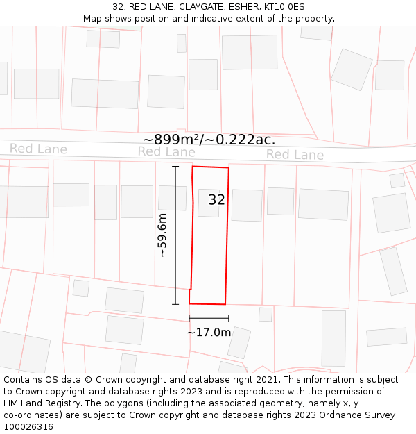 32, RED LANE, CLAYGATE, ESHER, KT10 0ES: Plot and title map