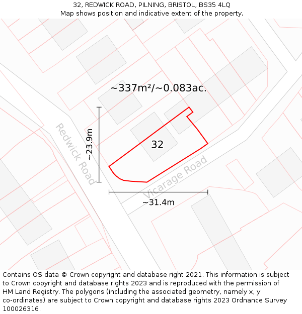 32, REDWICK ROAD, PILNING, BRISTOL, BS35 4LQ: Plot and title map