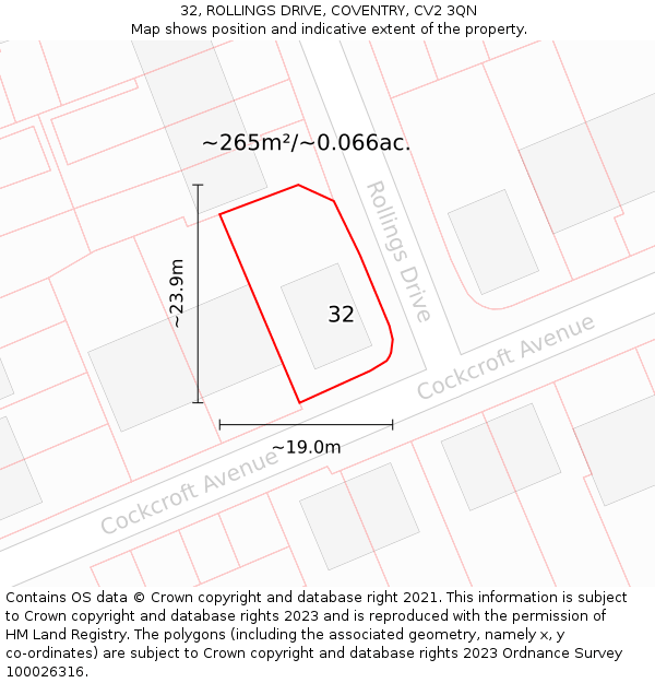 32, ROLLINGS DRIVE, COVENTRY, CV2 3QN: Plot and title map