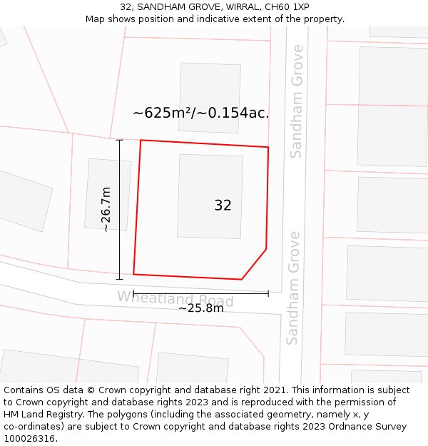 32, SANDHAM GROVE, WIRRAL, CH60 1XP: Plot and title map