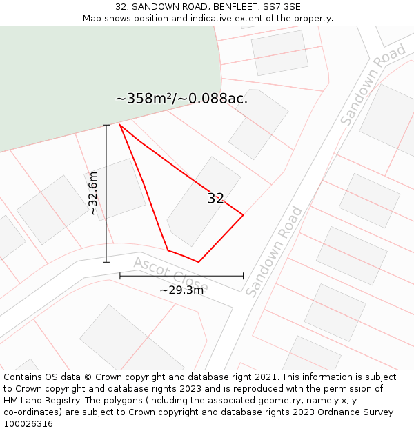 32, SANDOWN ROAD, BENFLEET, SS7 3SE: Plot and title map