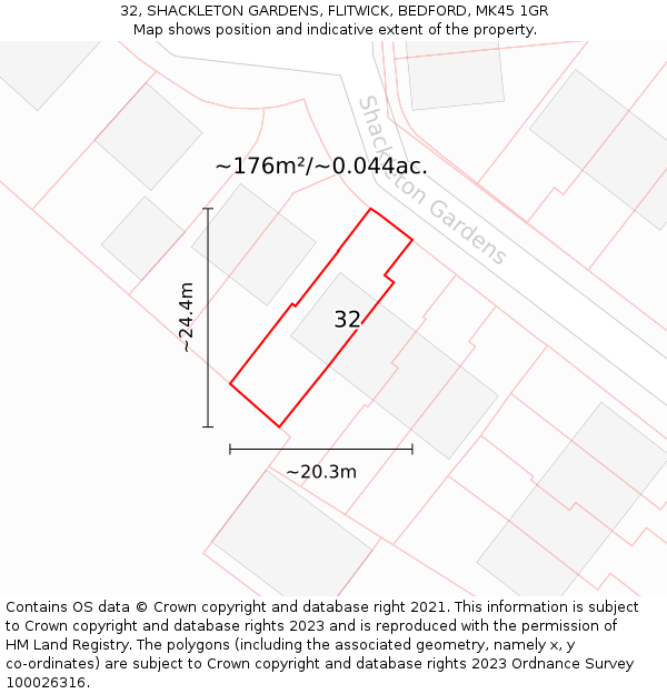 32, SHACKLETON GARDENS, FLITWICK, BEDFORD, MK45 1GR: Plot and title map