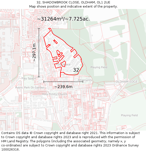32, SHADOWBROOK CLOSE, OLDHAM, OL1 2UE: Plot and title map