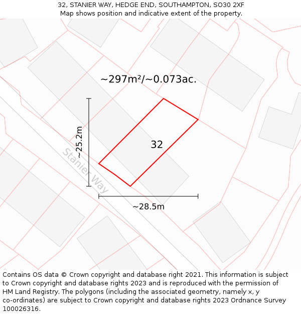 32, STANIER WAY, HEDGE END, SOUTHAMPTON, SO30 2XF: Plot and title map